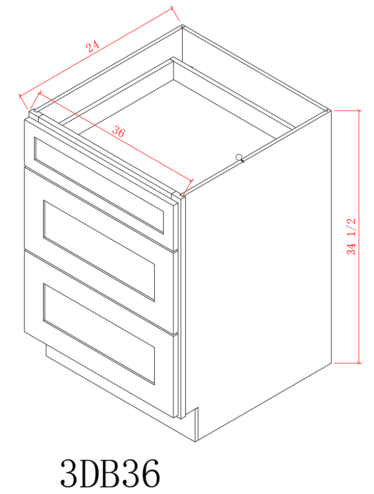 Base 36" - Pure Black 36 Inches 3 Drawer Base Cabinet/36"