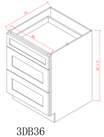 Base 36" - Pure Black 36 Inches 3 Drawer Base Cabinet/36"