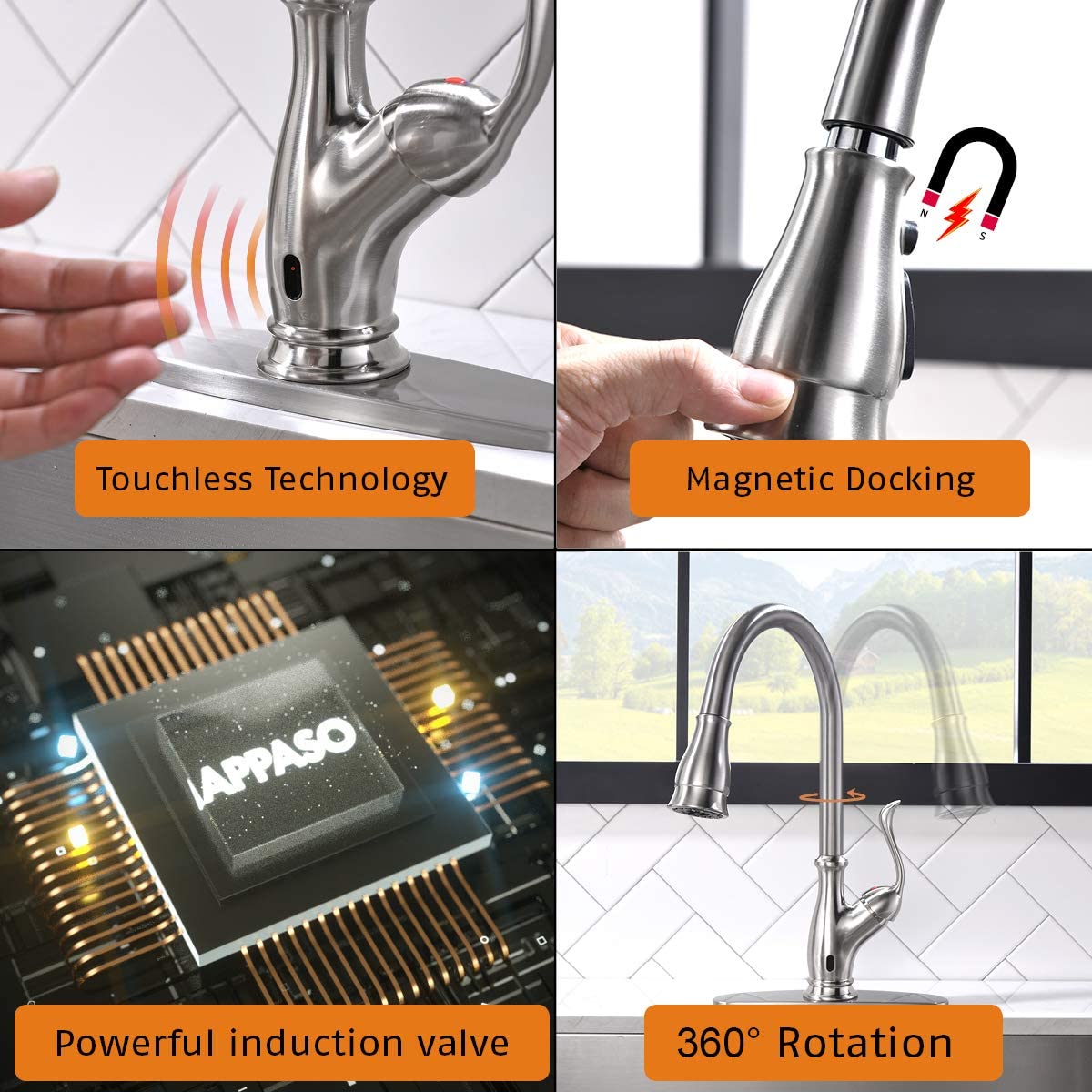 APS170TL Infrared  Motion Senor Hands-Free Kitchen Faucet with brush and soap bottle