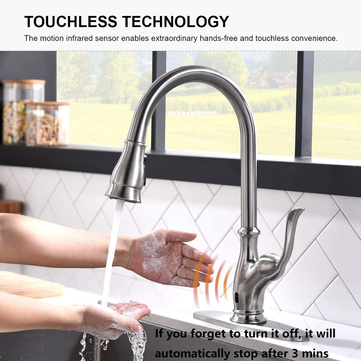 APS170TL Infrared  Motion Senor Hands-Free Kitchen Faucet with brush and soap bottle