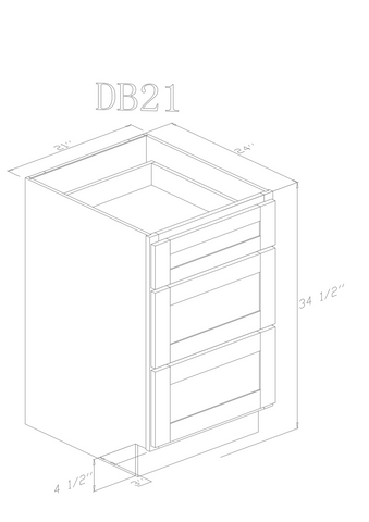 Base 21" - American Oak 21 Inch 3 Drawer Base Cabinet