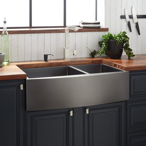 33" Kitchen Gun Metal Black Stainless Steel Undermount Double Farm Sink